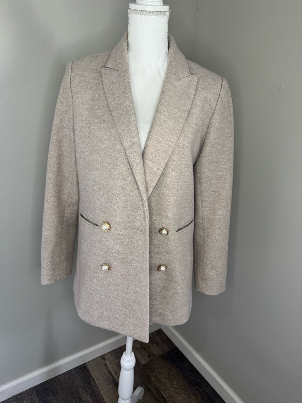 LOFT Double-Breasted Pearl-Button Blazer in Light Taupe